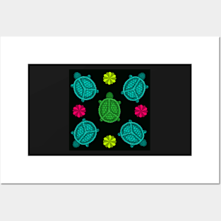 Groovy Peace Turtle Pattern Black Background Posters and Art